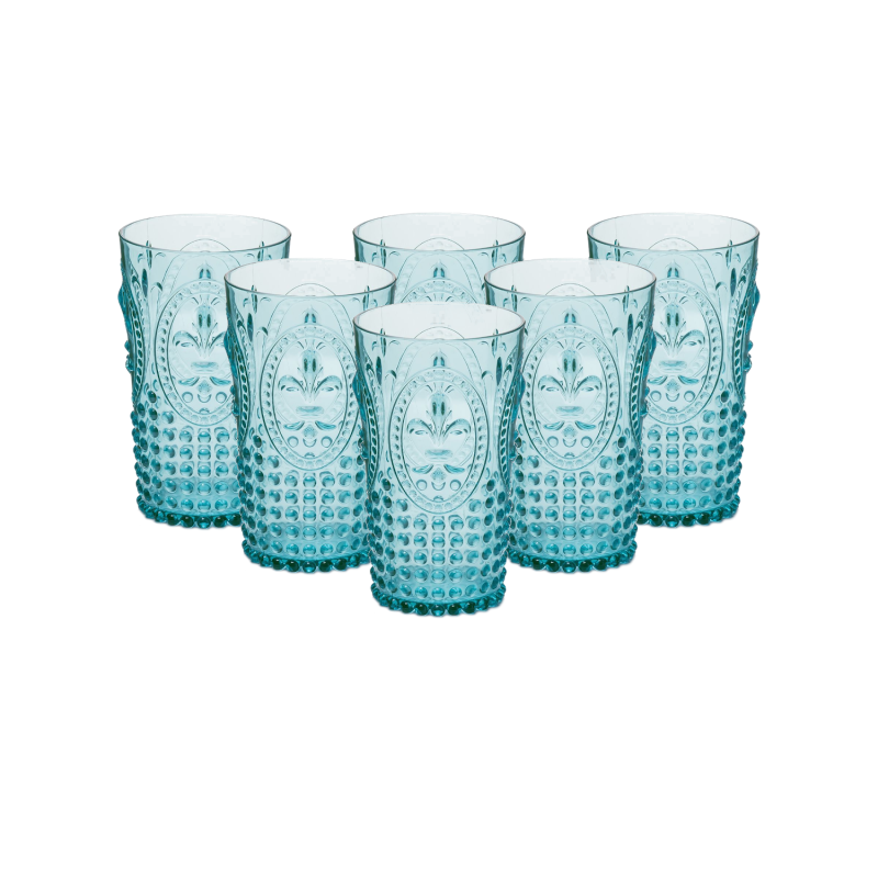 PACK 6 UNIDADES VASO 750 ML. MOD. FLOR DE LIS COLOR TURQUESA. Vaso de policarbonato tamaño grande, reutilizable, libre de BPA ,