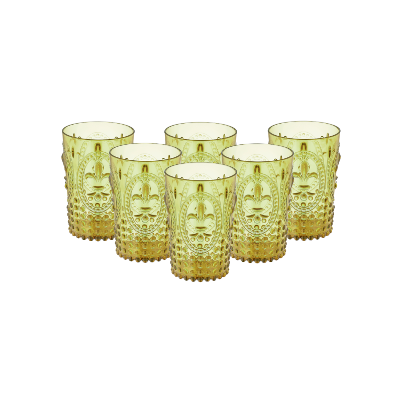 PACK 6 UNIDADES VASO 400 ML. MOD. FLOR DE LIS COLOR AMARILLO. Vaso de policarbonato tamaño mediano, reutilizable, libre de BPA ,