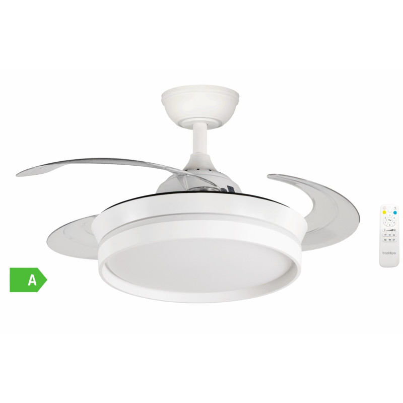 Ventilador techo retráctil 40cm, calidad premium, motor DC 30W, mando a distancia, Luz LED 3 tonos 28W, FALESIA COMPACT
