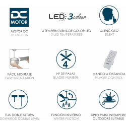 Ventilador techo retráctil, clasificación A,  calidad premium, motor DC 40W, mando a distancia, Luz LED 3 tonos 36W, FALESIA